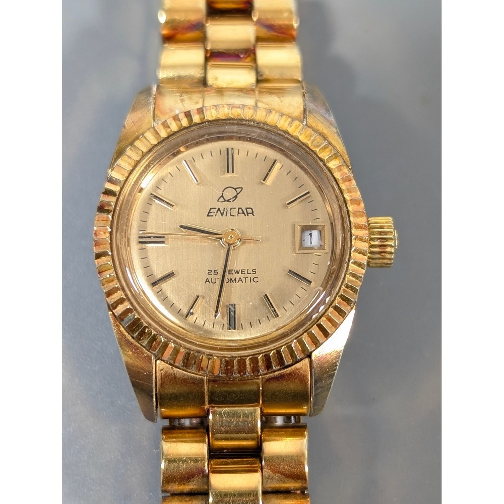 Vintage Enicar 25 Jewels Automatic Watch Ladies‎ Gold Tone Date Incabloc Working